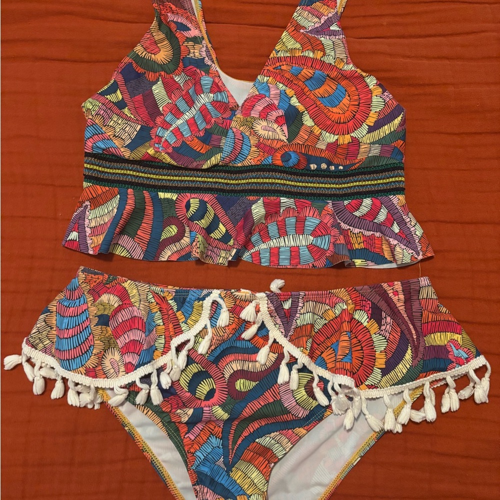 Colorful Patterned Two-Piece Swimsuit with Tassels